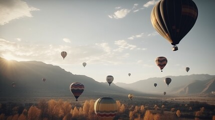 Obraz premium Colored balloons fly in the clouds in the sun over the mountains, hills. AI generated.