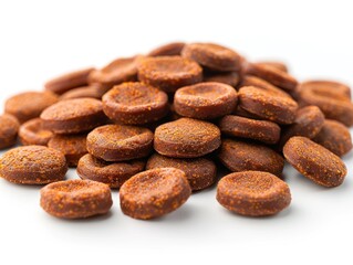 Close-up of round caramel candies scattered on a white surface