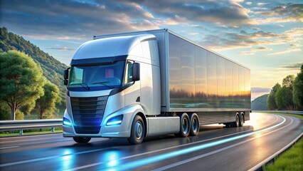 Autonomous Electric Semi-Truck Driving on a Winding Road at Sunset. Generative AI