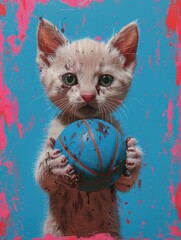 A small white kitten, covered in paint, holds a blue basketball