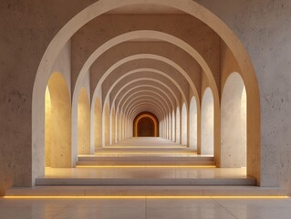 A hallway with arches leading to a bright light