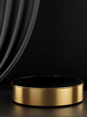  Gold black podium background 3D golden product line stage dark platform wave display. Design podium black luxury gold light scene pedestal presentation showcase event beauty object cosmetic sale