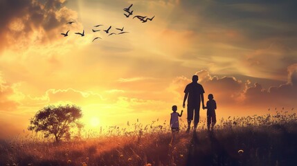 Fototapeta premium Happy family: mother, father, children son and daughter on nature on sunset