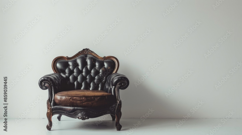 Sticker Vintage brown and black chair against white background with room for text classic and cozy