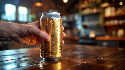 A hand reaches for a can of beer, condensation dripping down its sides
