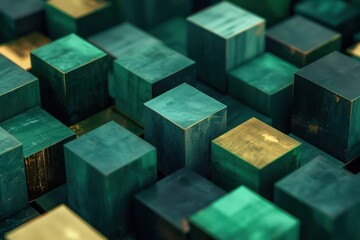 Abstract Background, 3D geometric cubes in deep emerald and topaz hues, with subtle gold accents, creating a mesmerizing and dynamic visual effect.