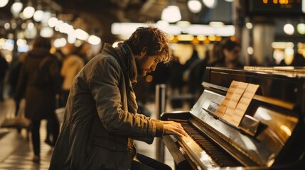 Obraz premium Visualize a solo jazz pianist playing in a bustling train station. Highlight the contrast between the busy environment and the calming, beautiful music.