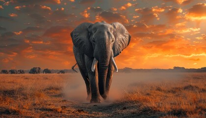 Obraz premium African Elephant Walking Towards the Sunset in the Savanna