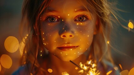 Fototapeta premium Child celebrating Independence Day with sparkler, midshot, vibrant colors, cheerful face, festive ambiance, generative AI