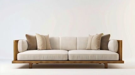 Fototapeta premium A white couch with wooden legs and cushions.