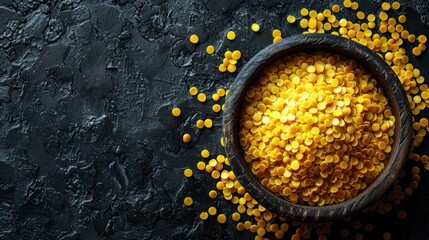 Obraz premium Closeup of golden lentils in a wooden bowl