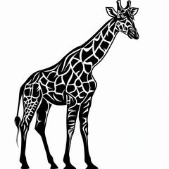 A black and white drawing of a giraffe on a white background