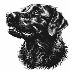 A black and white drawing of a golden retriever dog