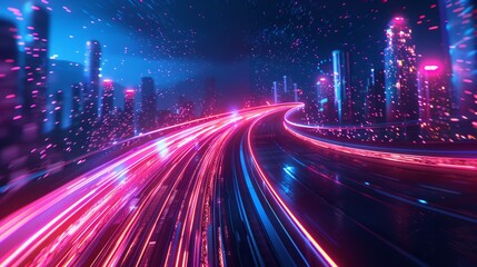 Light trails creating dynamic paths through smart city skyscrapers neon futuristic technology vibrant background banner with copy space