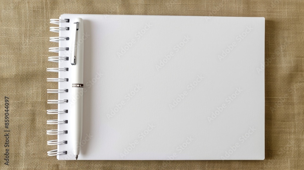 Aufkleber a white ballpoint pen on an open spiral notebook with paper top view with copy space