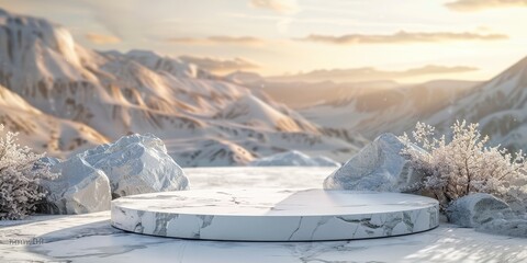 Snowy Mountain Landscape With Marble Podium