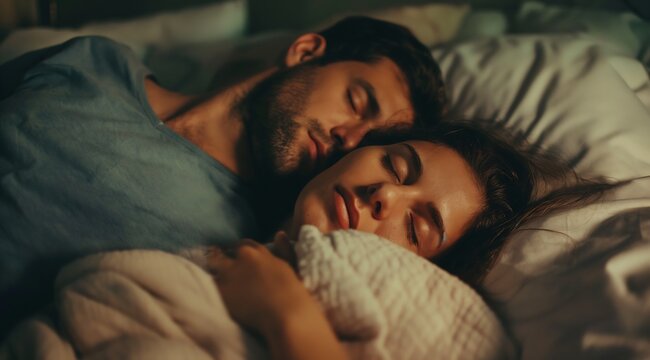 Woman sleeping in bed with a man next to her. They both have their eyes closed and the scene is in white tones
