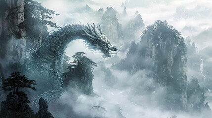 A majestic dragon soaring over misty mountains and ancient forests, symbolizing power and wisdom in Chinese culture - beautiful background illustration in Chinese style