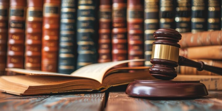 Judge gavel and law books in legal office professional workspace for lawyers banner with copy space