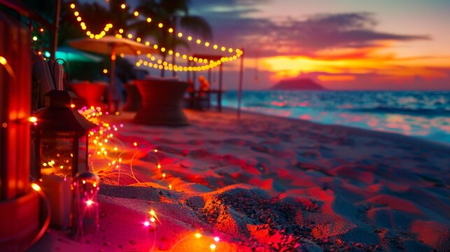 A beach with lights and lanterns at sunset. - Powered by Adobe