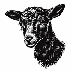 A black and white drawing of a goat 's head