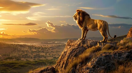 Majestic Lion at Sunset on Rocky Outcrop