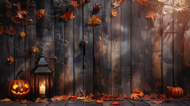 Halloween themed wooden backdrop with lantern and pumpkins