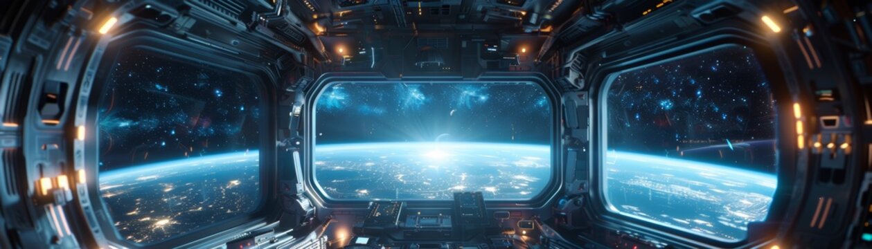 High-tech spaceship interior bright lighting dark space view through window banner with copy space