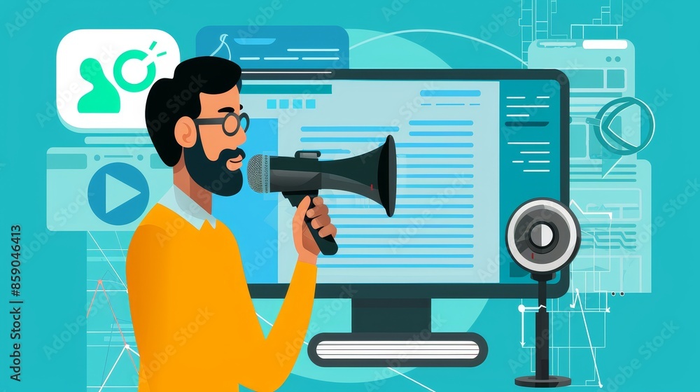 Aufkleber man shouting into a megaphone in front of a computer screen - a bearded man with glasses shouts into