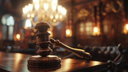 wooden gavel on a table in a courtroom interior