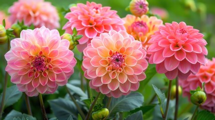 Close-up of Pink and Peach Dahlias in Bloom