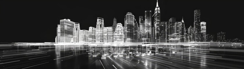 Cityscape of Light: A Modern Metropolis in White - A city skyline, rendered in white lines against a black background, evokes a sense of modern architecture and urban energy.