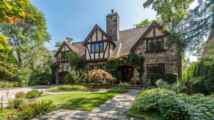 Stone House with Lush Landscaping and Stone Walkway - A charming stone house with a gabled roof and a stone chimney is nestled amidst lush greenery, with a stone walkway leading to the front door.