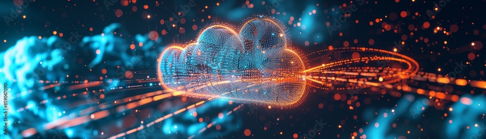 Poster abstract digital cloud concept - a digital cloud made of glowing particles in an abstract digital sp