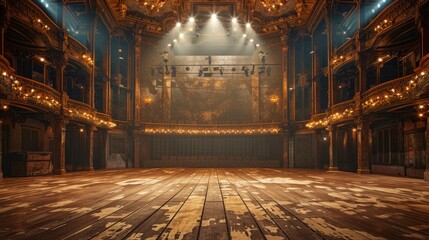 Obraz premium The theatre stage is equipped with spotlights, wooden floors and gold decoration. A magnificent vintage theater interior with dramatic lighting