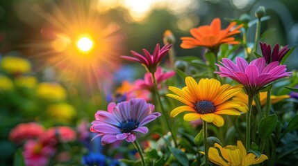 Fototapeta premium Vibrant Flowers in a Garden Setting at Sunset