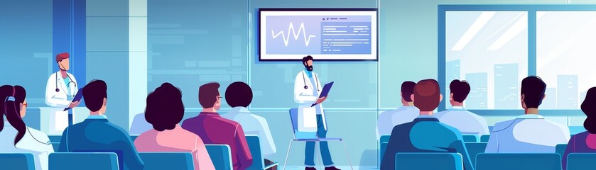 Medical Conference: Doctor Presenting to Attendees - A doctor with a beard, wearing a white coat and stethoscope, stands in front of an audience giving a presentation about heart rate.