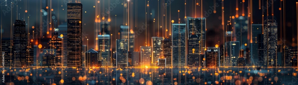 Poster digital metropolis: a glimpse into a connected future - a futuristic cityscape illuminated with glow