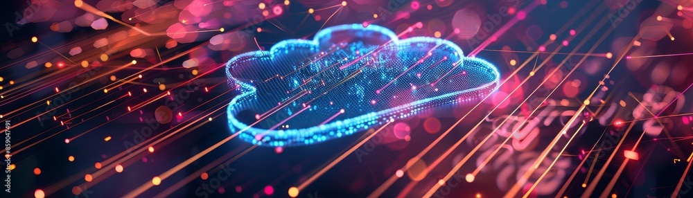 Poster abstract cloud computing illustration - a glowing blue cloud symbol with connected lines and light e