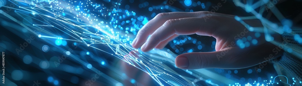 Poster hand interacting with digital network - a hand reaches out and interacts with a network of digital l