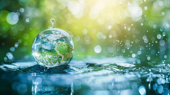 Globe within water drop World Water Day clean water theme banner with copy space