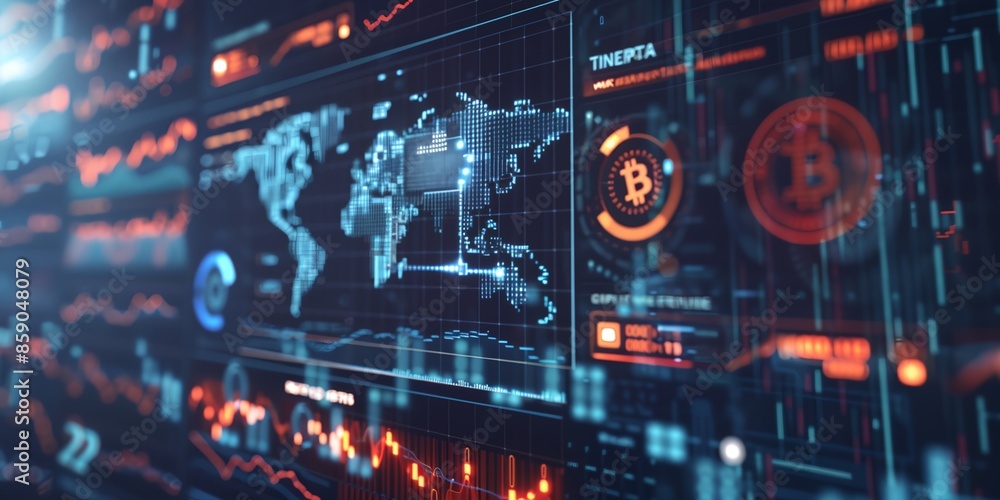 Poster a computer screen shows a map of the world with a red and orange bitcoin symbol in the middle