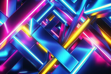 Abstract Background, a 3D abstract background of complex geometric shapes in vibrant neon colors, with electric blue, neon pink, and bright yellow forming dynamic patterns