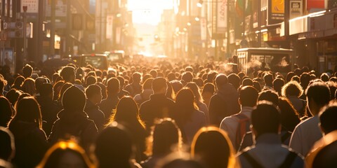 A large crowd of people are walking down a street. The sun is setting, casting a warm glow over the scene. The people are carrying backpacks and handbags, and there are cars