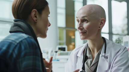 Fototapeta premium An empathetic discussion between a medical professional and a patient, conveying care and understanding within a clinical environment.