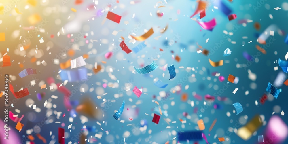 Poster a colorful explosion of confetti is falling from the sky. the confetti is in various colors and size