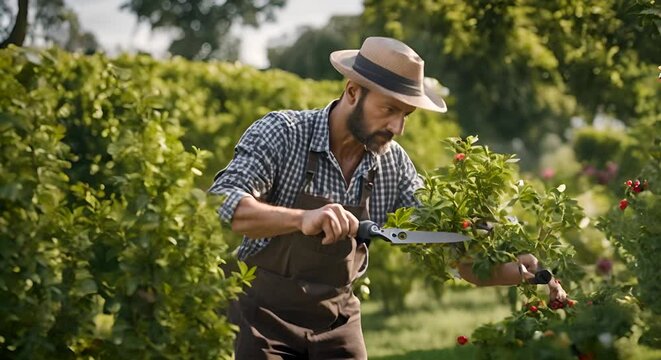Gardener pruning the garden.