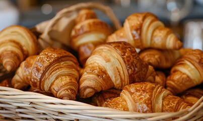 Fototapeta premium closeup of croissants in a basket, Generative AI