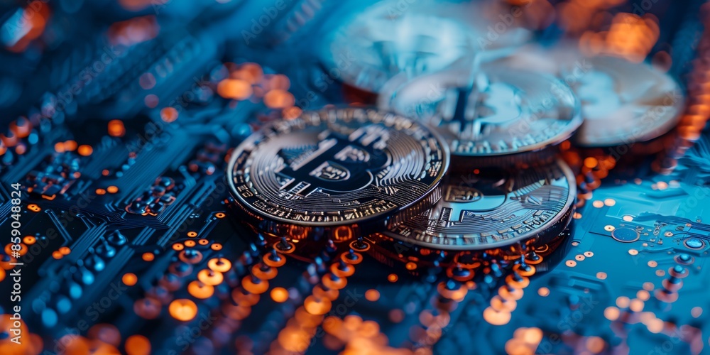 Poster a stack of coins with the letter b on them. the coins are on a circuit board. the coins are arranged