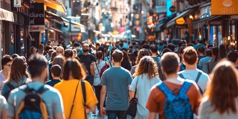 A busy city street with a large crowd of people walking down it. Scene is bustling and lively